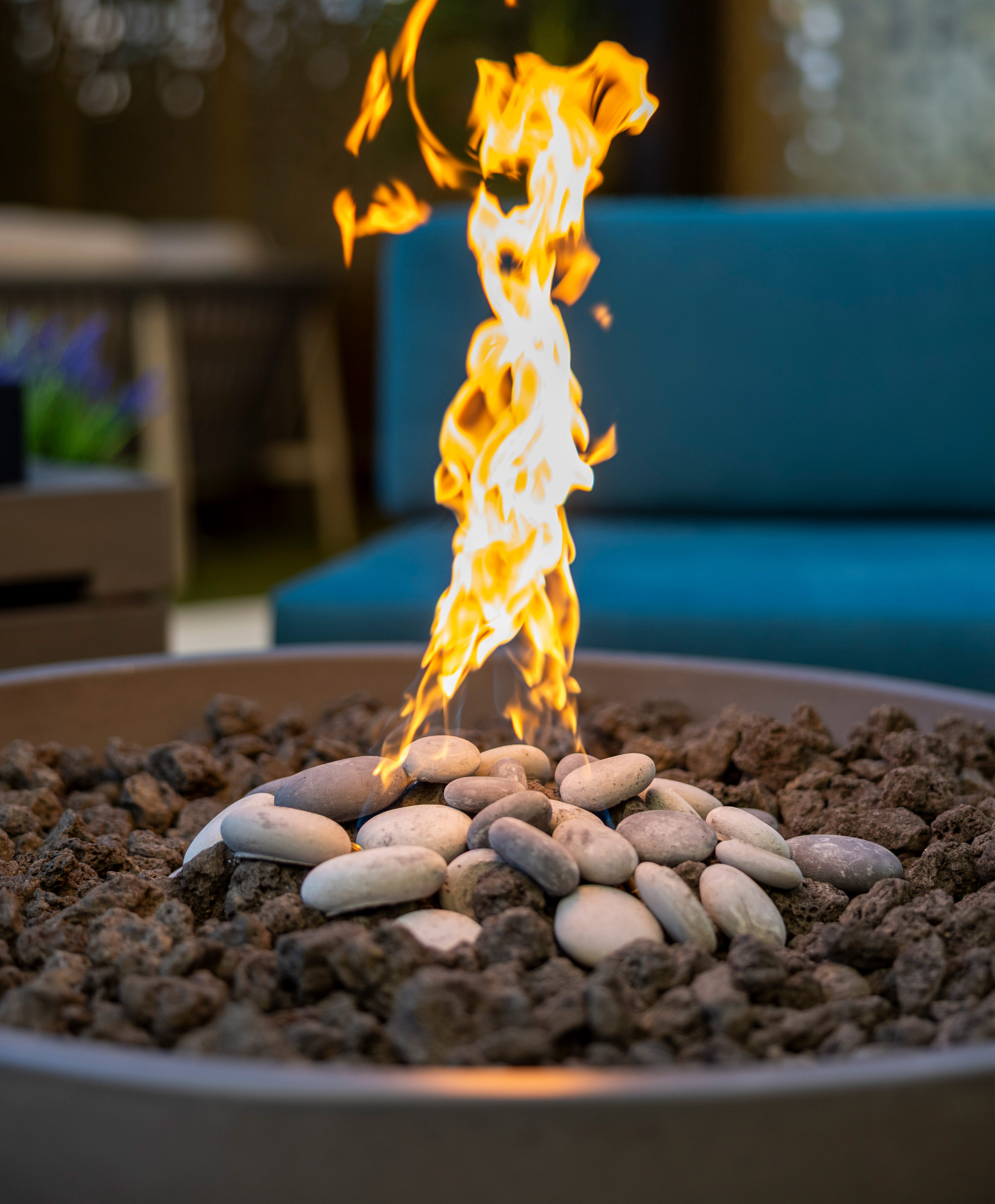 A fire burns atop a ring of smooth stones and lava rocks in a metal fire pit, with a blue sofa visible in the background.